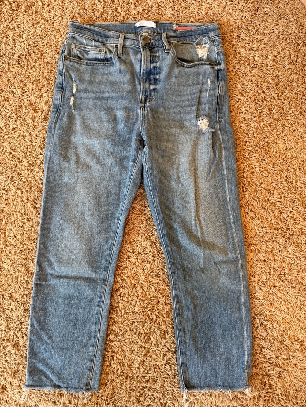 Frame Denim Light Blue Distressed Cropped Jeans